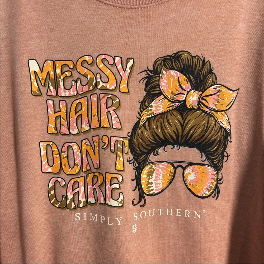 Simply Southern Messy Hair Don’t Care Fleece Sweatshirt Sz M Relaxed Fit Peach - Picture 2 of 12